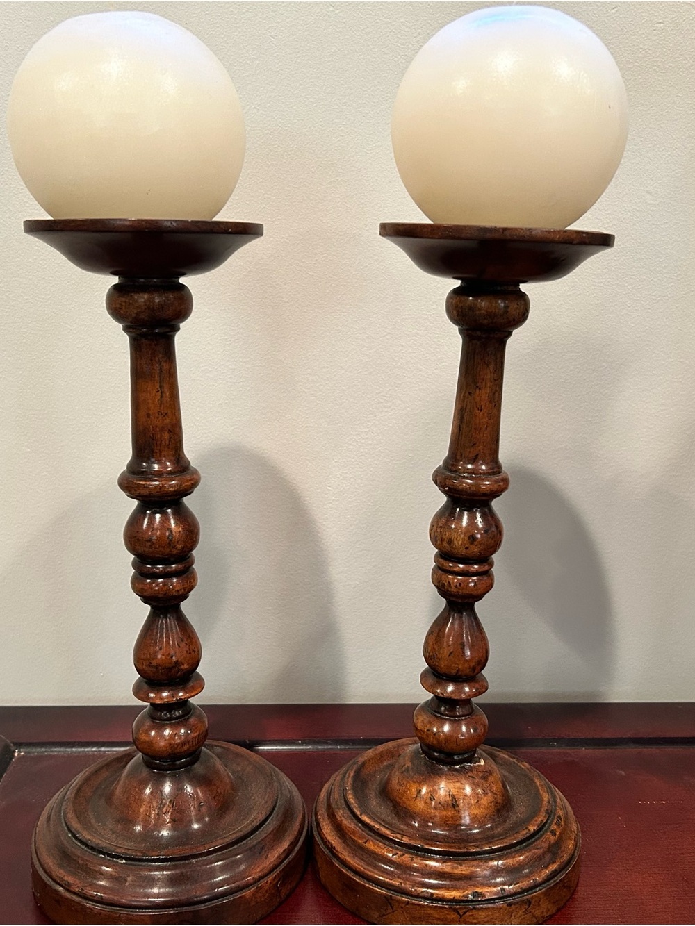 Pair of Turned Wood Candle Holders with Cream Pillar Candles